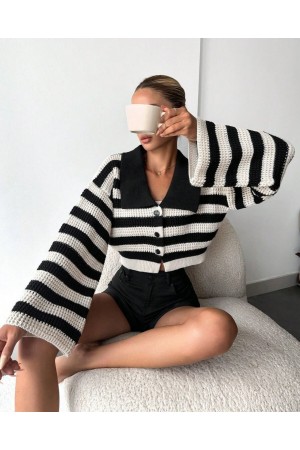 Wide Collar Striped Openwork Cardigan -Black