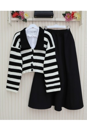 سترة واسعة مخططة مخرمة -أسود