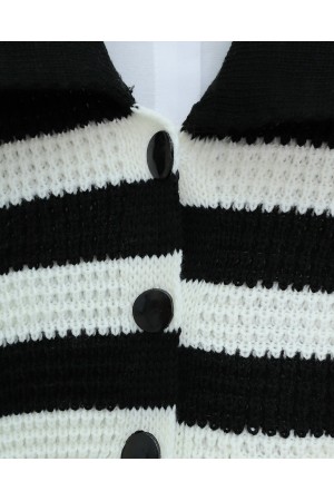 Geniş Yakalı Çizgili Ajurlu Hırka -Siyah