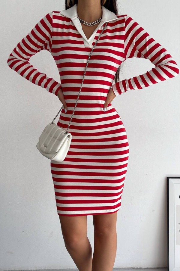 Collared Striped Long Sleeve Dress -Red