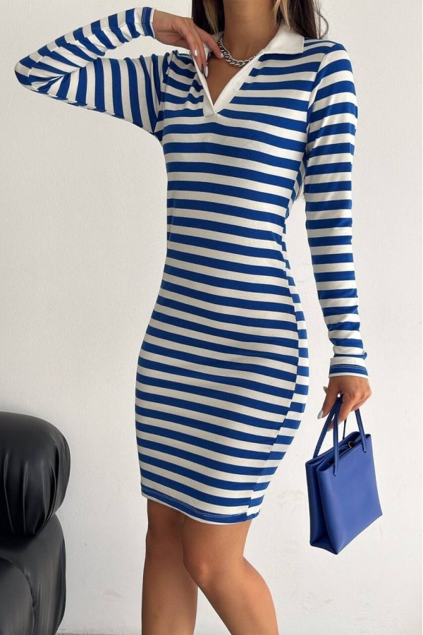 Collared Striped Long Sleeve Dress -Blue
