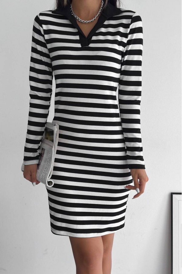 Collared Striped Long Sleeve Dress -Black