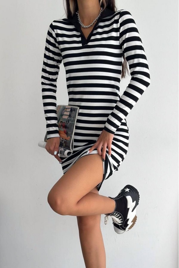 Collared Striped Long Sleeve Dress -Black
