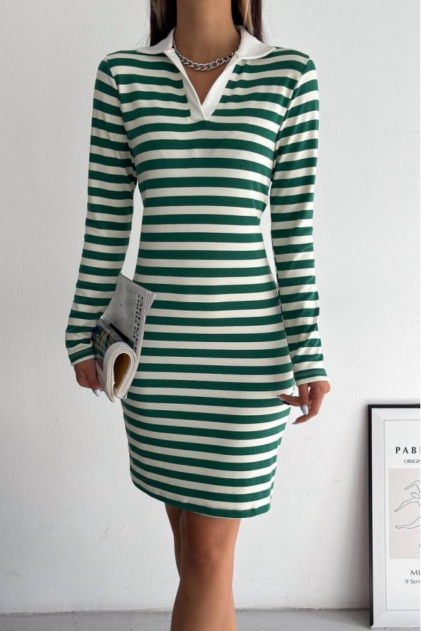 Collared Striped Long Sleeve Dress -Green