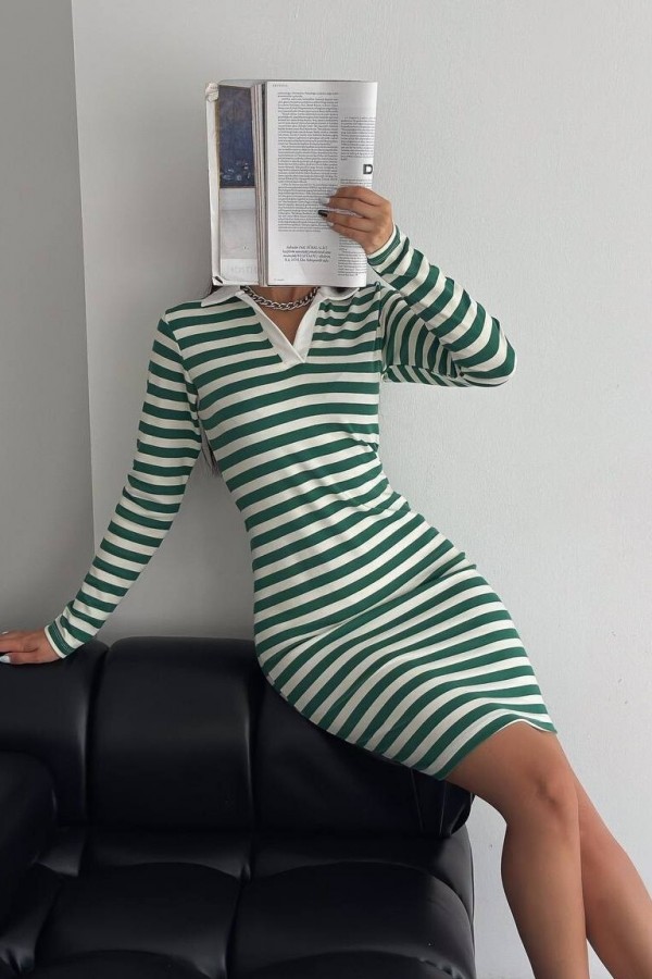 Collared Striped Long Sleeve Dress -Green