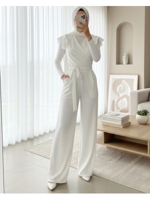 Fermuar Detaylı Fırfırlı Tulum   -Beyaz