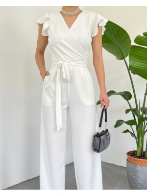 Fermuar Detaylı Fırfırlı Tulum   -Beyaz