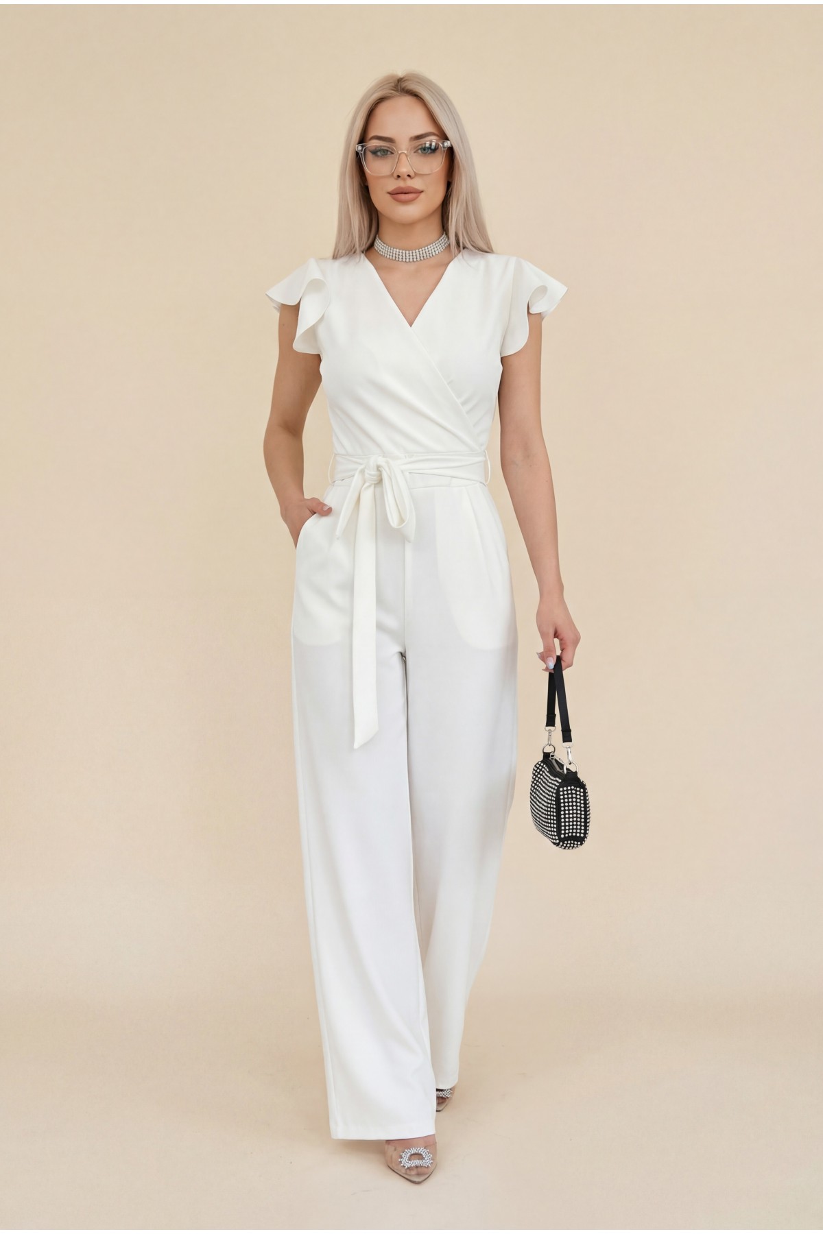 Zipper Detailed Ruffled Jumpsuit   -White