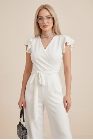 Fermuar Detaylı Fırfırlı Tulum   -Beyaz