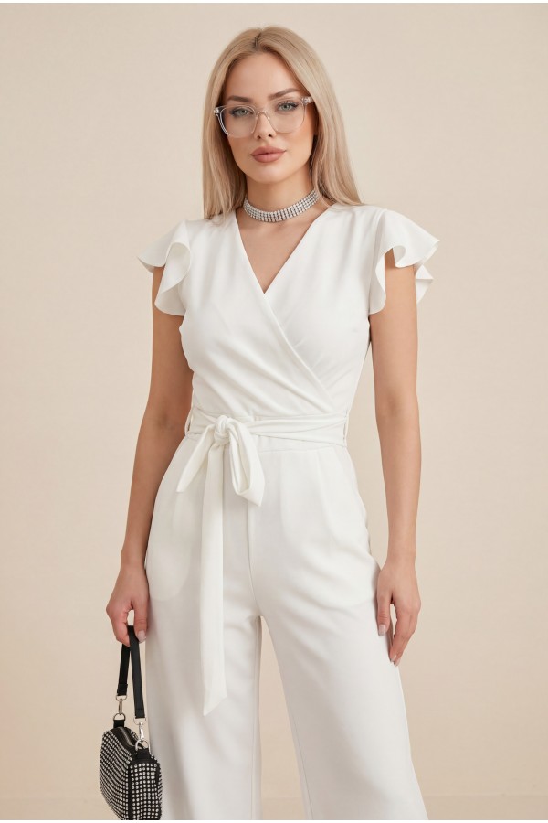 Zipper Detailed Ruffled Jumpsuit   -White