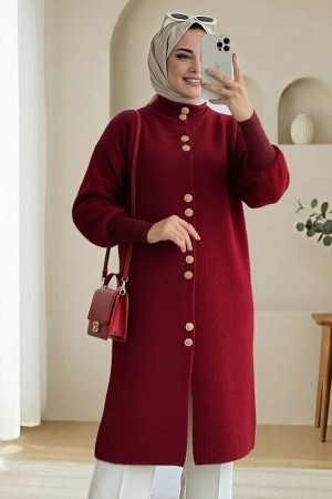 Önü Düğmeli Uzun Sakallı Yumoş  Hırka -Bordo