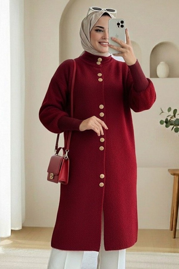 Önü Düğmeli Uzun Sakallı Yumoş  Hırka -Bordo