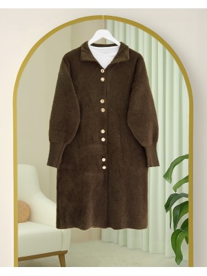 Önü Düğmeli Uzun Sakallı Yumoş  Hırka -Kahve