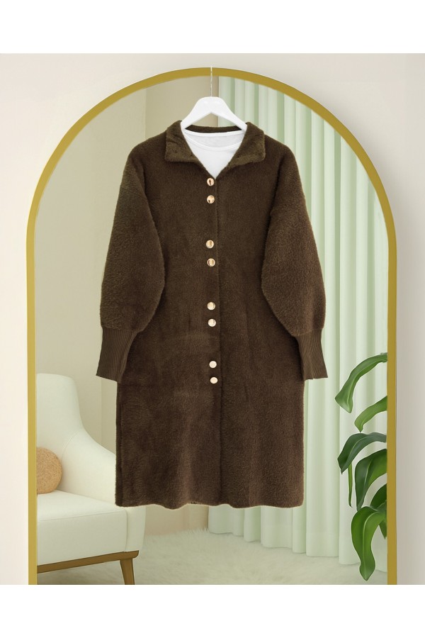 Buttoned Front Long Bearded Soft Cardigan -Brown