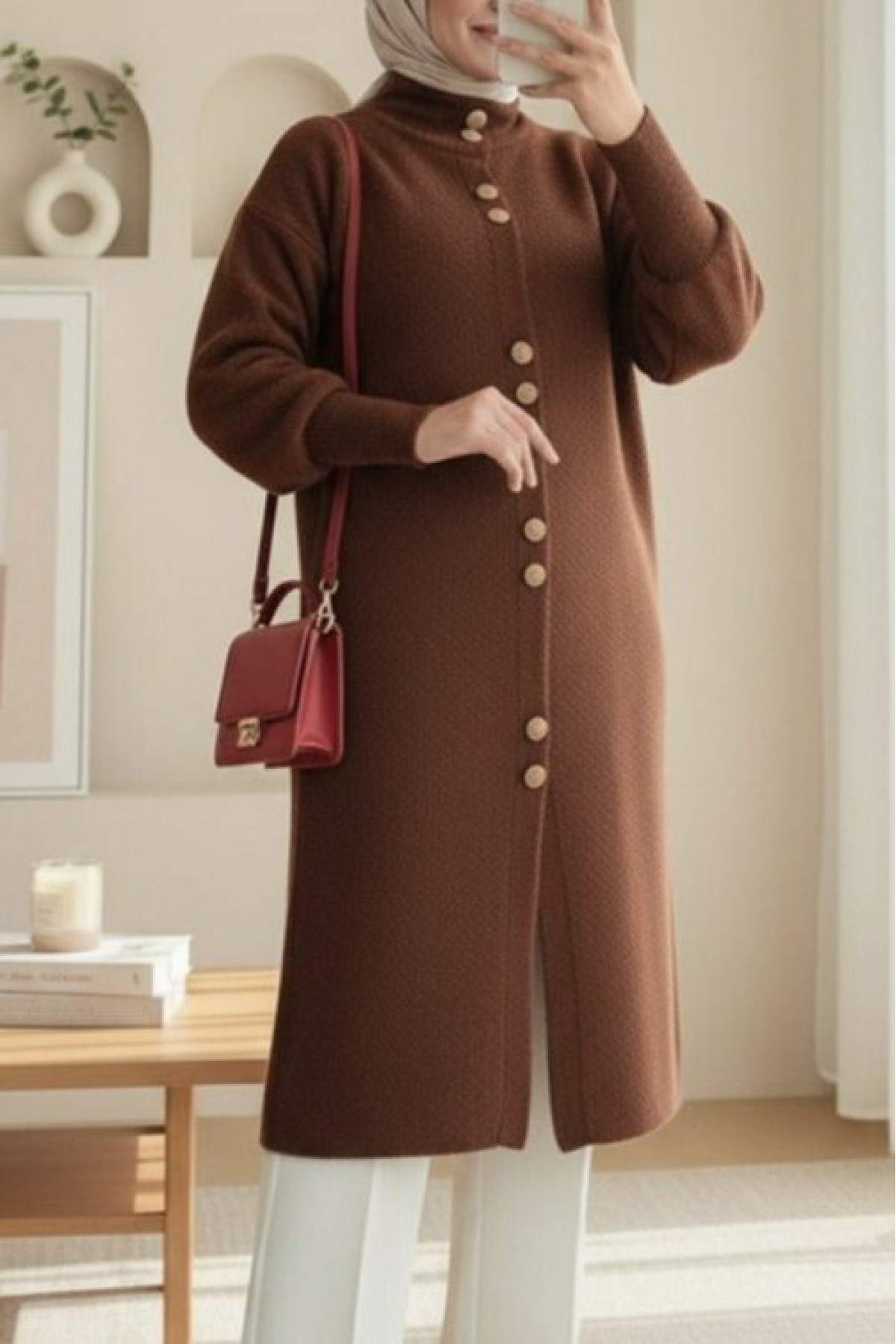 Buttoned Front Long Bearded Soft Cardigan -Brown
