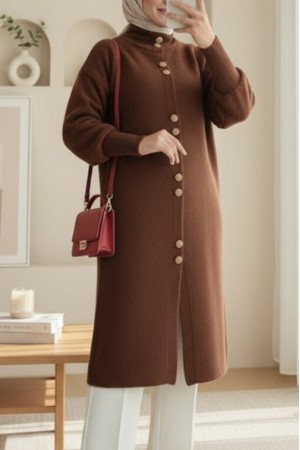 Buttoned Front Long Bearded Soft Cardigan -Brown