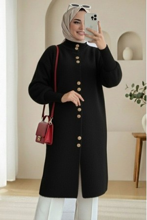 Önü Düğmeli Uzun Sakallı Yumoş  Hırka -Siyah