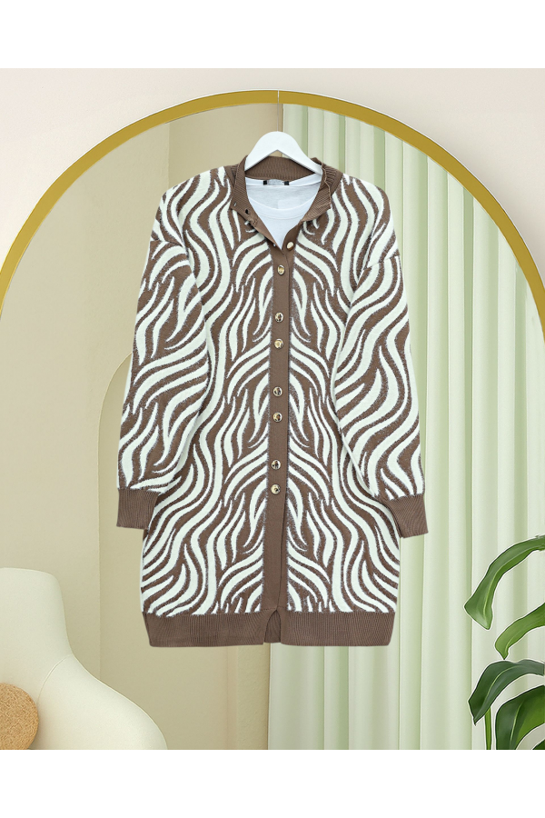 Düğmeli Zebra Desen Sakallı Triko Hırka -Açık Kahve