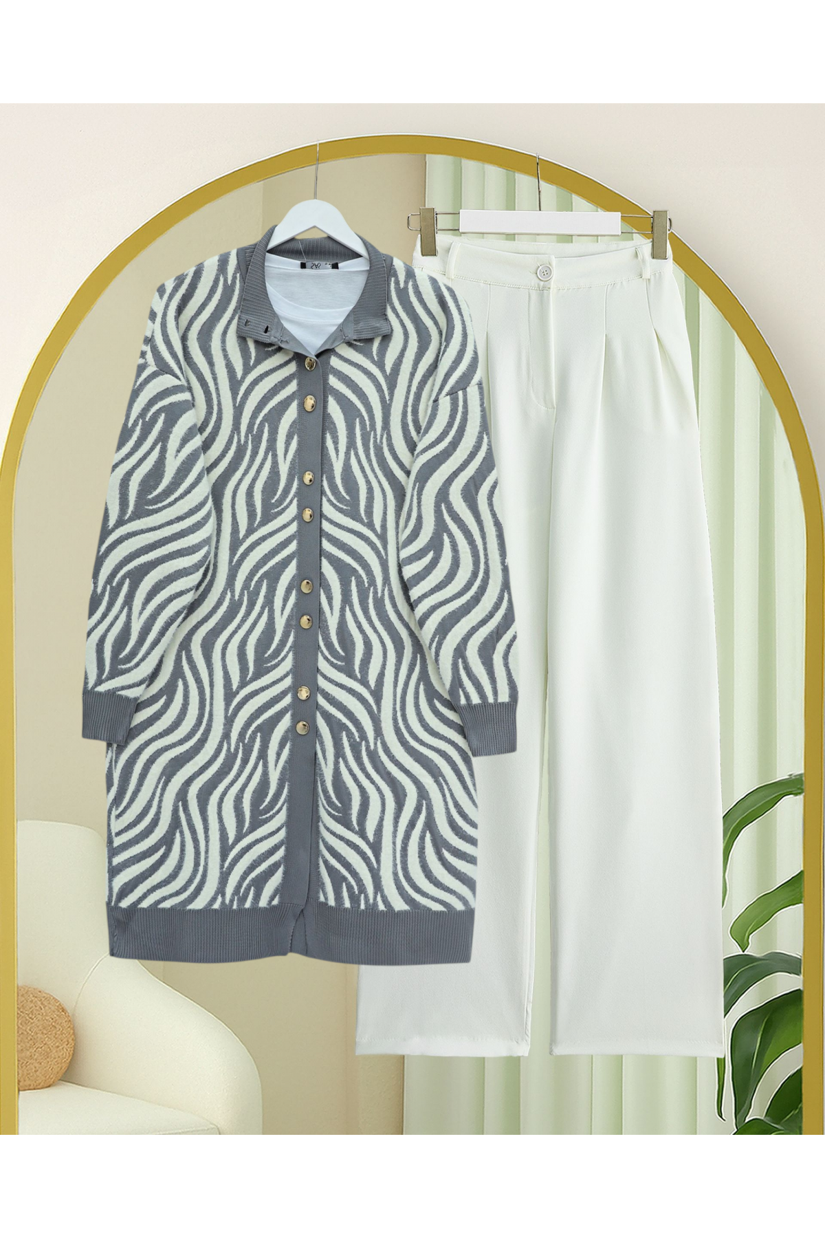 Buttoned Zebra Pattern Bearded Knit Cardigan -Grey