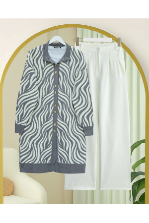 Düğmeli Zebra Desen Sakallı Triko Hırka -Gri