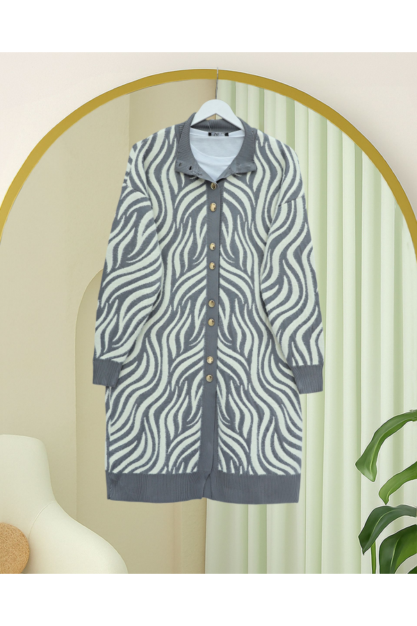Buttoned Zebra Pattern Bearded Knit Cardigan -Grey
