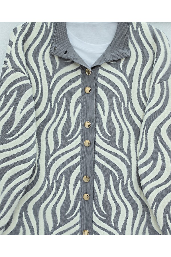 Buttoned Zebra Pattern Bearded Knit Cardigan -Grey