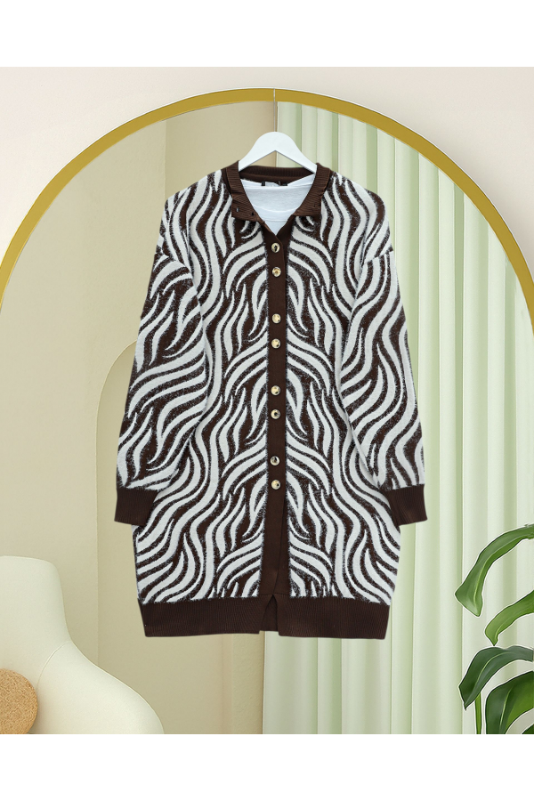 Buttoned Zebra Pattern Bearded Knit Cardigan -Brown