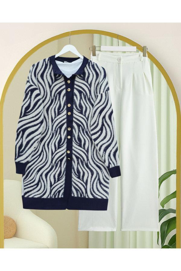 Düğmeli Zebra Desen Sakallı Triko Hırka -Laci