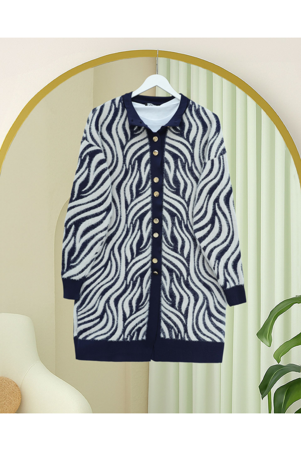Düğmeli Zebra Desen Sakallı Triko Hırka -Laci