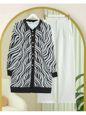 Düğmeli Zebra Desen Sakallı Triko Hırka -Siyah