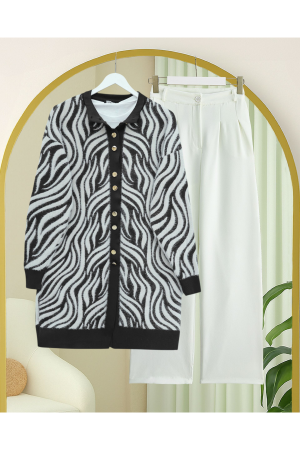 Düğmeli Zebra Desen Sakallı Triko Hırka -Siyah