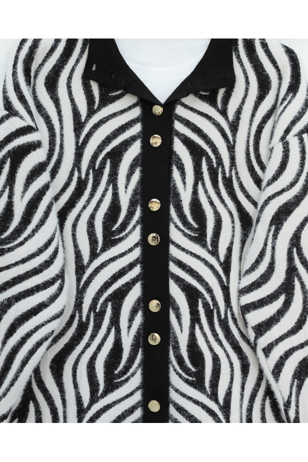 Düğmeli Zebra Desen Sakallı Triko Hırka -Siyah