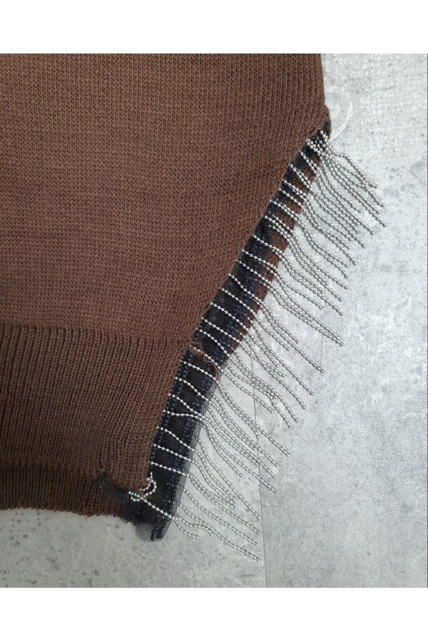 Ripped Tassel Knitwear Sweater -Brown