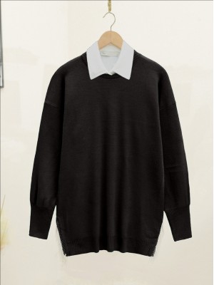 Yırtmacı Püsküllü Triko Kazak -Siyah