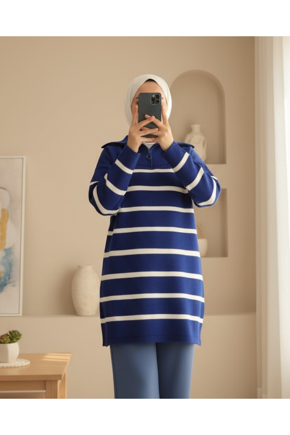 Yakası Fermuarlı Çizgili Triko Tunik -Saks