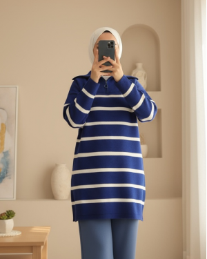 Yakası Fermuarlı Çizgili Triko Tunik -Saks
