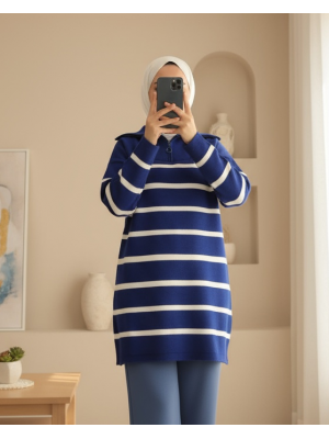 Yakası Fermuarlı Çizgili Triko Tunik -Saks