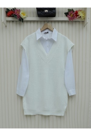 V yaka Geniz Ribanalı Prinç Örme Uzun Süveter -Beyaz