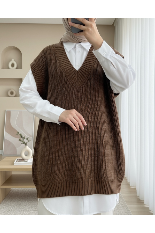 V-neck Solid Brass Knitted Long Sweater with Ribbing -Dark Coffee