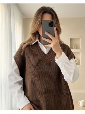 V-neck Solid Brass Knitted Long Sweater with Ribbing -Dark Coffee