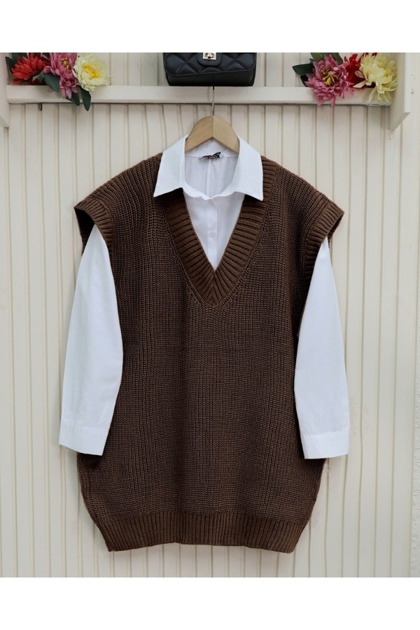 V-neck Solid Brass Knitted Long Sweater with Ribbing -Dark Coffee