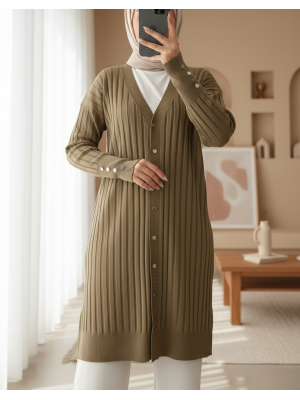 Metal Düğmeli Yırtmaçlı Triko Hırka -Vizon