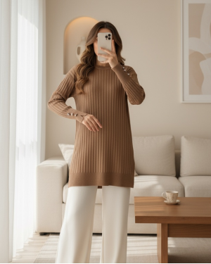 Crew Neck Ribbed Slit Knit Tunic -Mink color