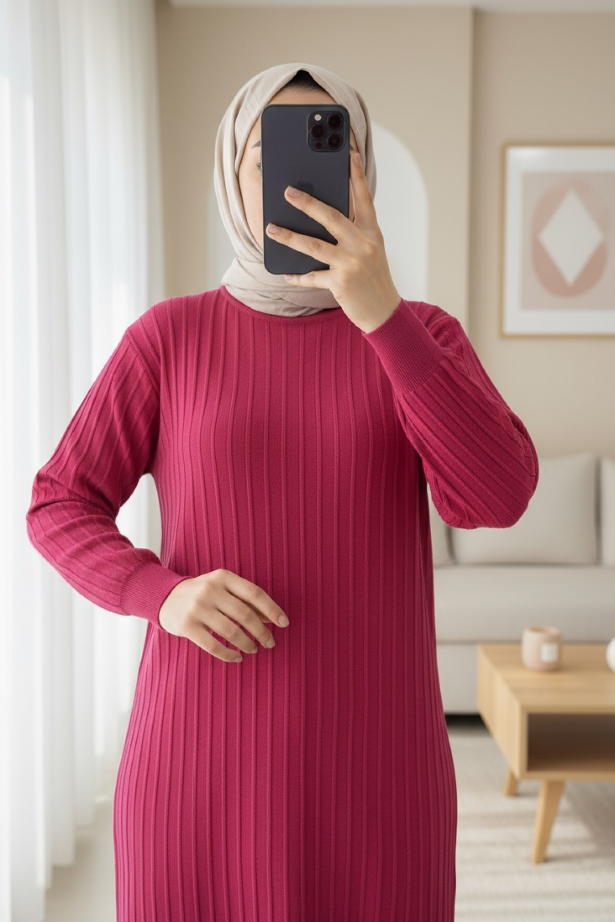 Yuvarlak Yaka İnce Çizgili Triko Tunik -Bordo