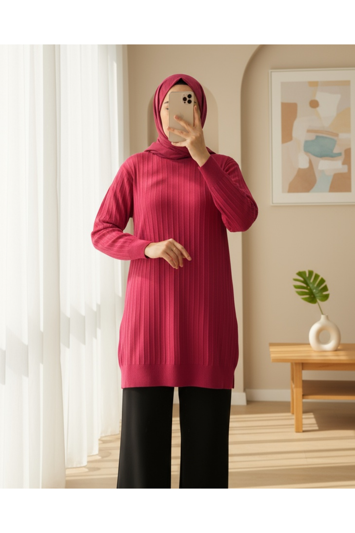 Yuvarlak Yaka İnce Çizgili Triko Tunik -Bordo