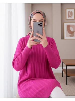 Round Neck Thick Striped Casual Knit Tunic -Fuchsia
