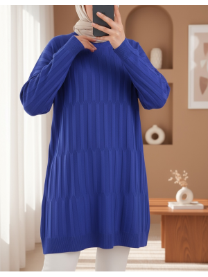 Round Neck Thick Striped Casual Knit Tunic -Saxe 
