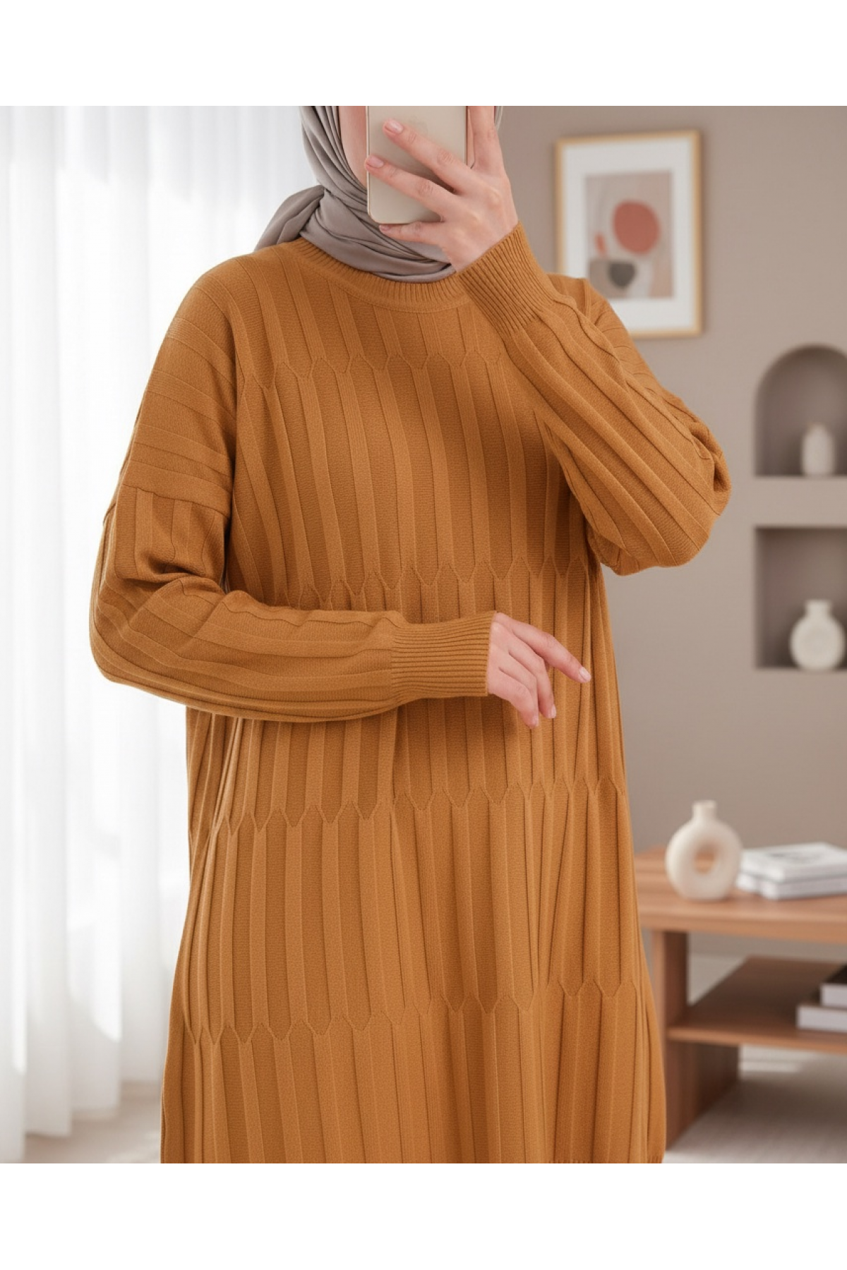 Round Neck Thick Striped Casual Knit Tunic -Orange