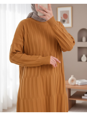 Round Neck Thick Striped Casual Knit Tunic -Orange