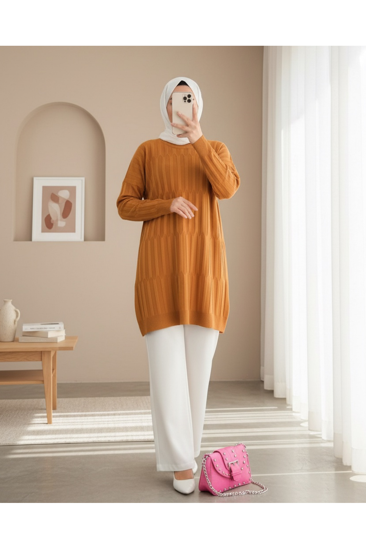 Round Neck Thick Striped Casual Knit Tunic -Orange